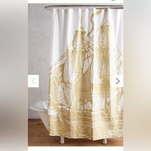 Anthropologie Elegant Gold Ship Shower Curtain EUC